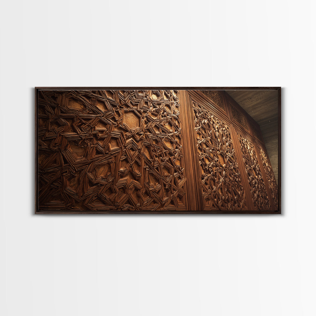 Ornate Islamic Geometric Wood Panel Framed Canvas Print, Moroccan Wall Art, Arabesque Pattern, Warm Rustic Home Decor Gift