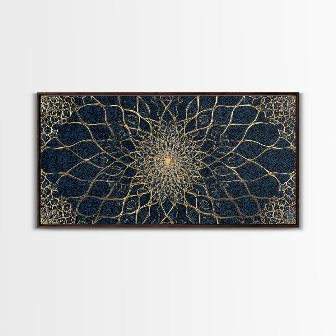 Navy Gold Sacred Geometry Mandala Wall Art, Mystical Spiritual Canvas Wall Art For Meditation Room Decor And Modern Home Decor