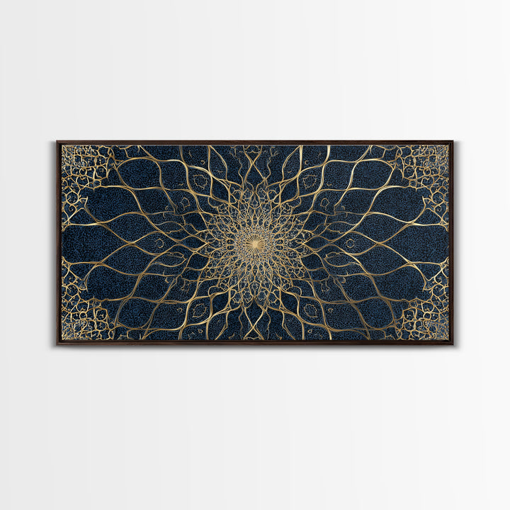 Navy Gold Sacred Geometry Mandala Wall Art, Mystical Spiritual Canvas Wall Art For Meditation Room Decor And Modern Home Decor