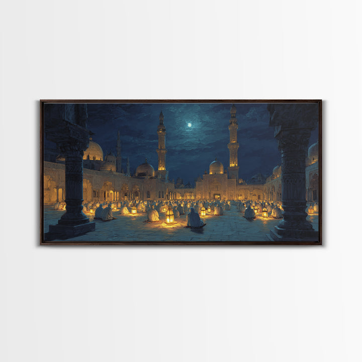 Moonlit Mosque Courtyard With Lanterns Canvas Print, Islamic Wall Art, Prayer Room Decor And Ramadan Gift Idea For Serene Home Decor