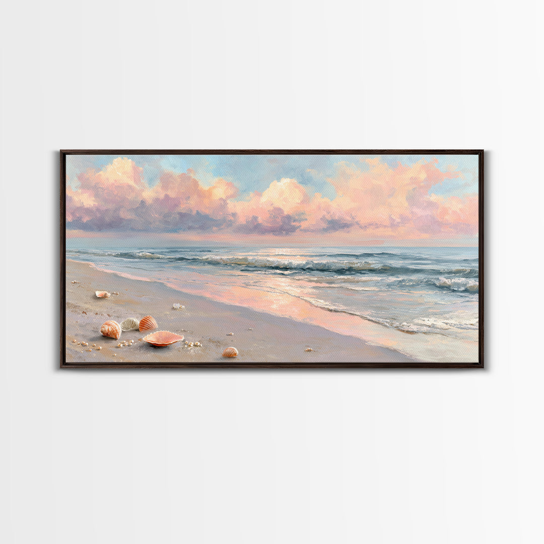 Pastel Ocean Beach Seascape Canvas Print, Coastal Wall Art, Shells And Waves Decor, Beach House Living Room Wall Decor, Gift For Her