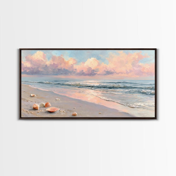 Pastel Ocean Beach Seascape Canvas Print, Coastal Wall Art, Shells And Waves Decor, Beach House Living Room Wall Decor, Gift For Her