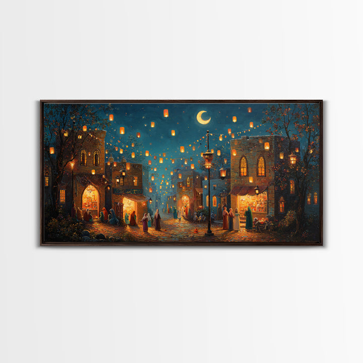 Lantern Lit Old City Bazaar Canvas Print, Crescent Moon Islamic Wall Art, Moroccan Night Market Decor And Ramadan Gift For Home Decor
