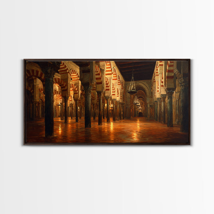 Ornate Islamic Arch Hall Wall Art, Mosque Interior Canvas Print, Moorish Architecture Decor, Warm Historical Home Wall Decor