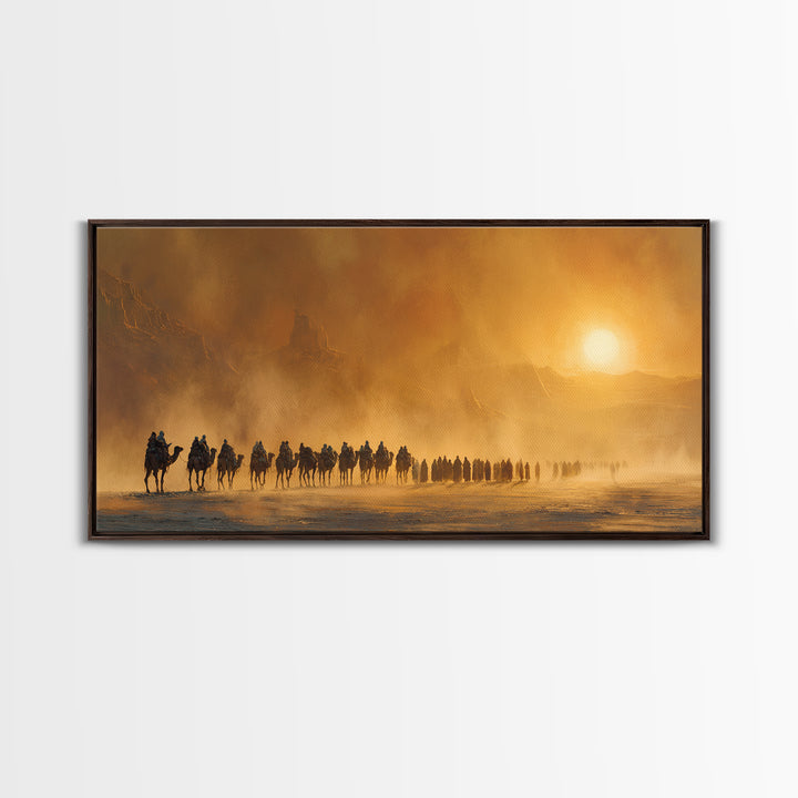 Desert Caravan At Golden Sunset Canvas Print, Western Wall Art, Southwestern Decor, Travel Poster, Warm Earth Tone Decor