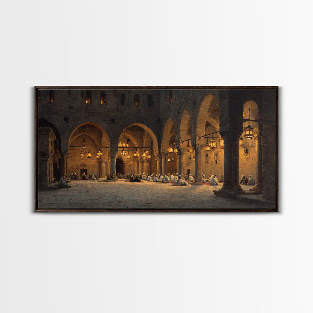 Candlelit Stone Arcade Prayer Scene Wall Art, Islamic Architecture Print, Moody Historic Decor, Large Framed Canvas, Living Room Decor