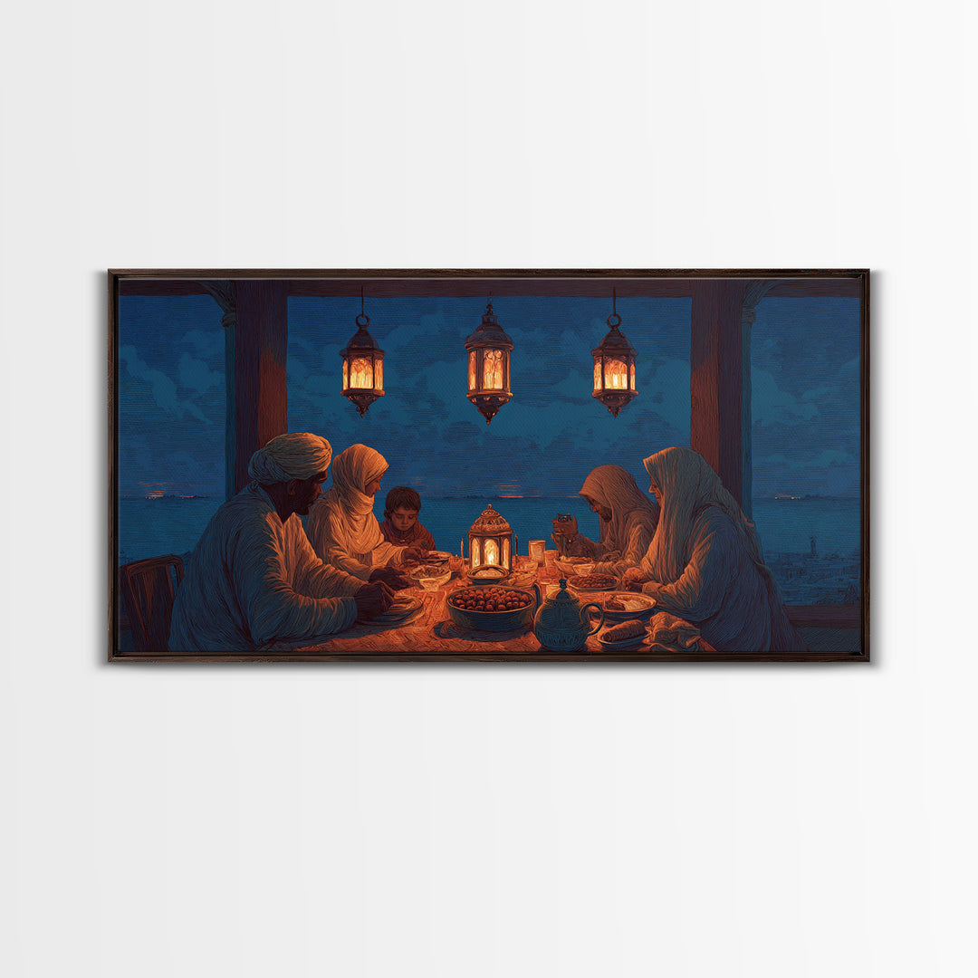Ramadan Family Iftar By Lantern Light Wall Art, Islamic Canvas Print, Warm Spiritual Decor For Dining Room And Home, Prayer Room