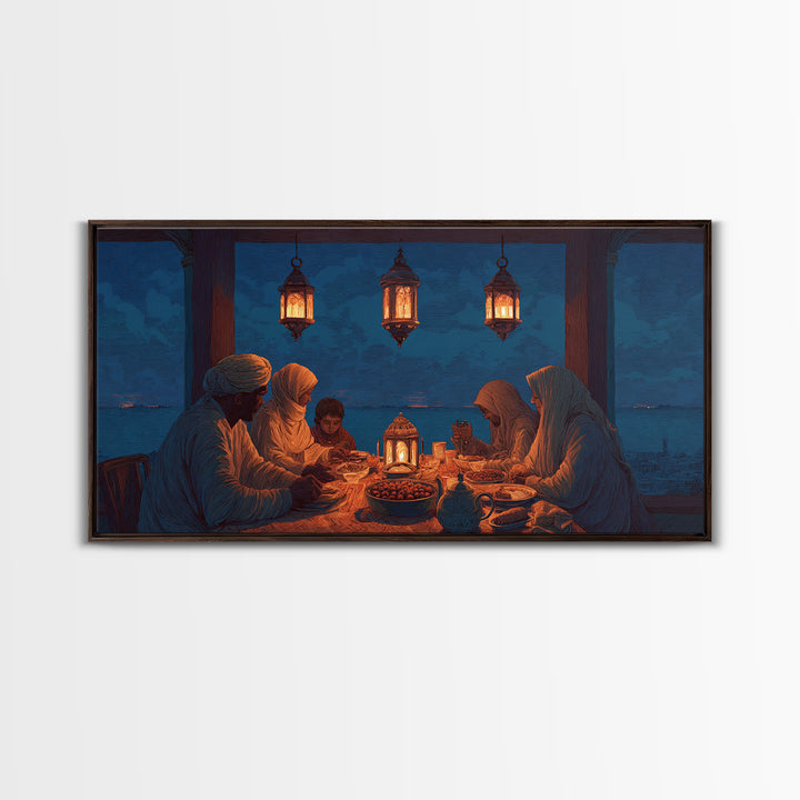 Ramadan Family Iftar By Lantern Light Wall Art, Islamic Canvas Print, Warm Spiritual Decor For Dining Room And Home, Prayer Room