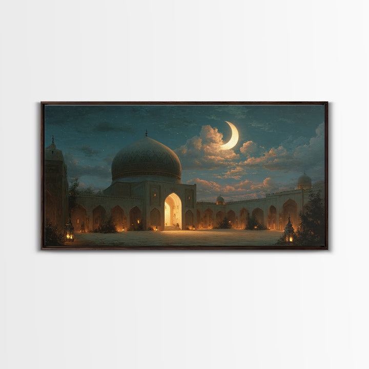 Crescent Moon Mosque Courtyard Framed Canvas Print, Islamic Wall Art, Ramadan Decor, Arabic Architecture Gift For Prayer Room Decor