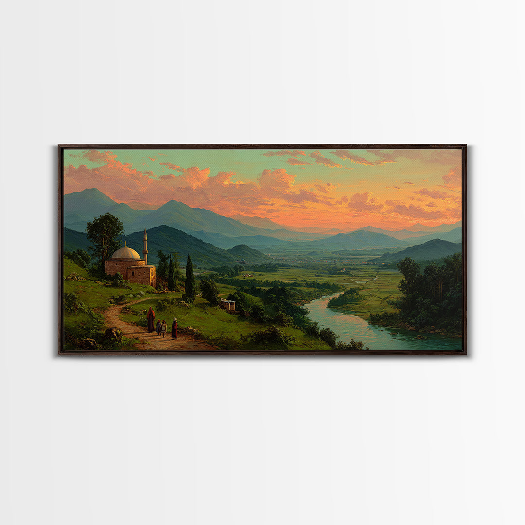 Mountain Valley Mosque At Golden Sunset Canvas Print, Panoramic Landscape Wall Art, Rustic Home Decor, Travel Poster, Fine Art Print