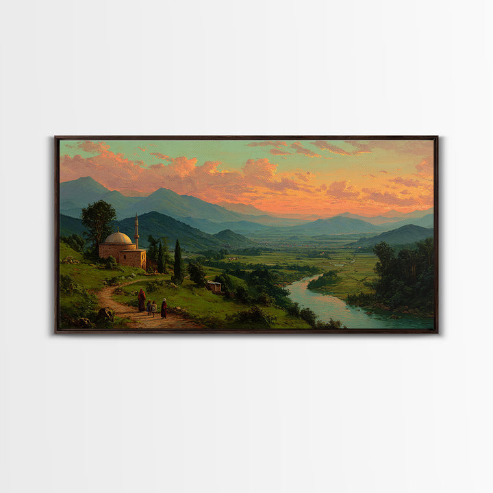 Mountain Valley Mosque At Golden Sunset Canvas Print, Panoramic Landscape Wall Art, Rustic Home Decor, Travel Poster, Fine Art Print