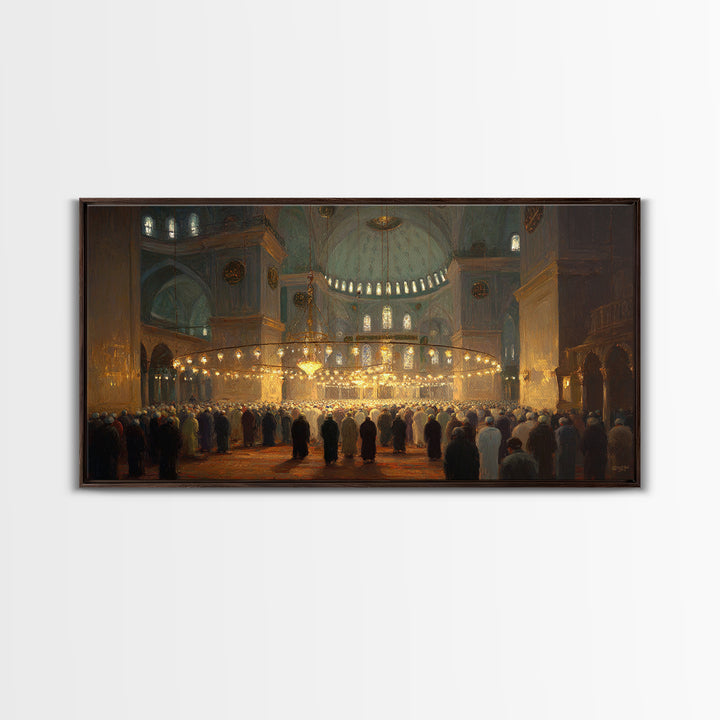 Golden Mosque Prayer Hall Interior Wall Art, Islamic Architecture Framed Canvas Print, Spiritual Decor, Eid Gift For Home