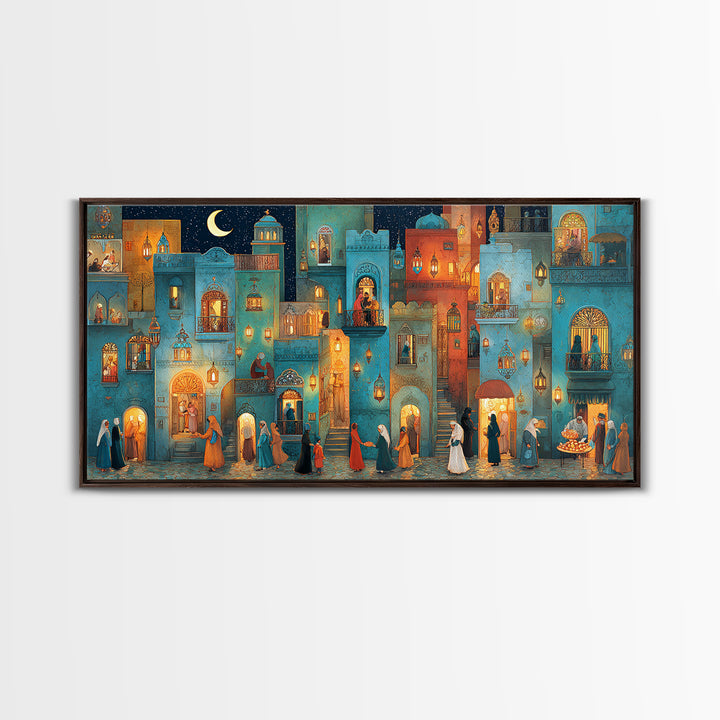 Moonlit Middle Eastern City Wall Art, Ramadan Night Canvas Print, Moroccan Decor, Islamic Home Decor, Housewarming New Home Gift
