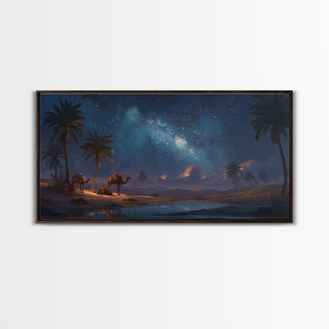 Starry Desert Oasis With Camels Wall Art, Celestial Landscape Canvas Print, Boho Travel Decor, Night Sky Gift For Him, Large Wall Decor