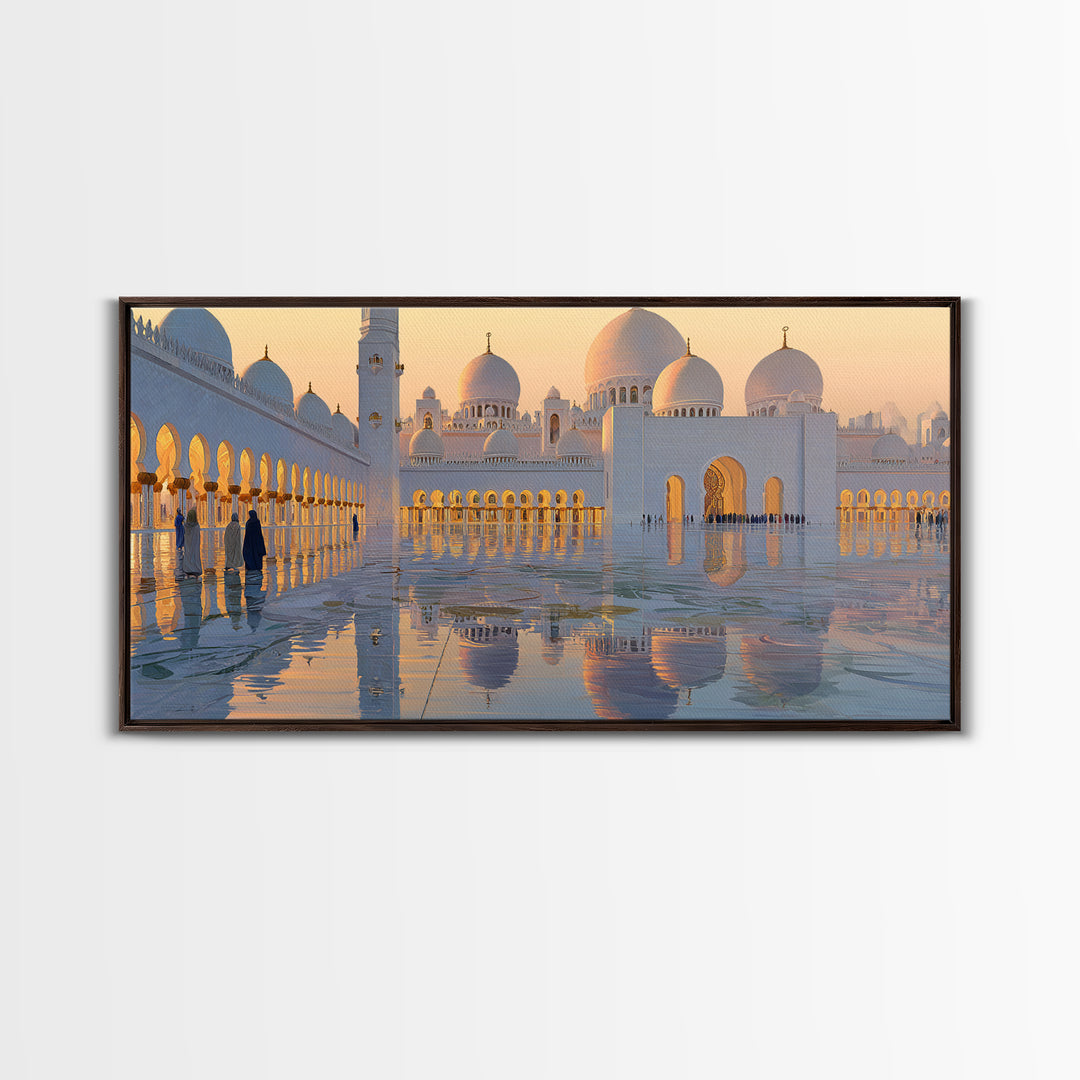 Golden Mosque Reflections Wall Art, Islamic Framed Canvas Print, Serene Architecture Decor For Prayer Room And Home, Office Decor