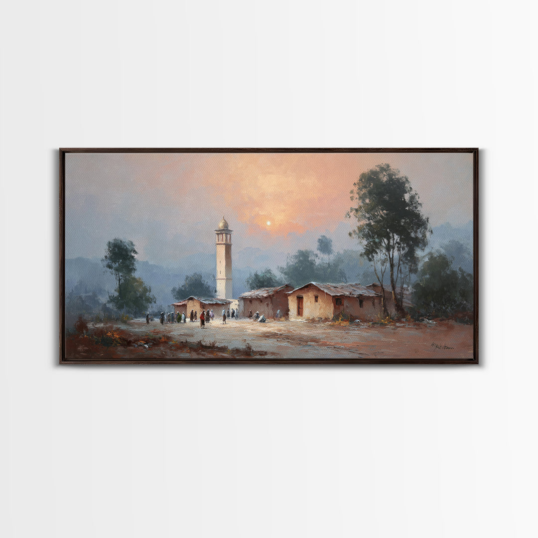 Sunset Mosque Village And Misty Rural Landscape Canvas Print, Country Wall Art, Rustic Home Decor, Housewarming Gift, Fine Art Print