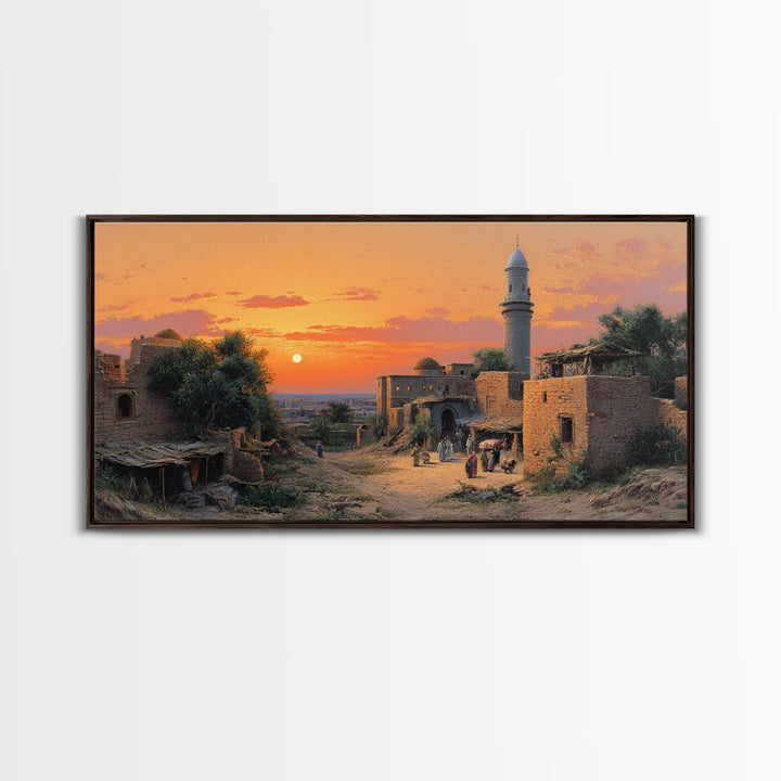 Sunset Village With Stone Mosque Wall Art, Middle Eastern Travel Poster, Islamic Home Decor, Warm Landscape Print, Gift Idea