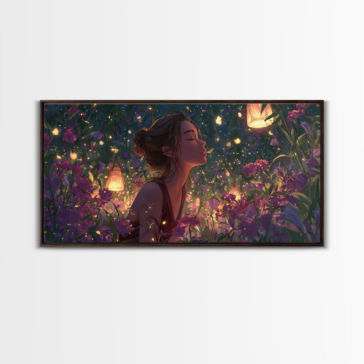 Dreamy Woman In Lantern Flower Garden Wall Art, Fantasy Canvas Print, Whimsical Floral Decor, Feminine Bedroom Gift For Her