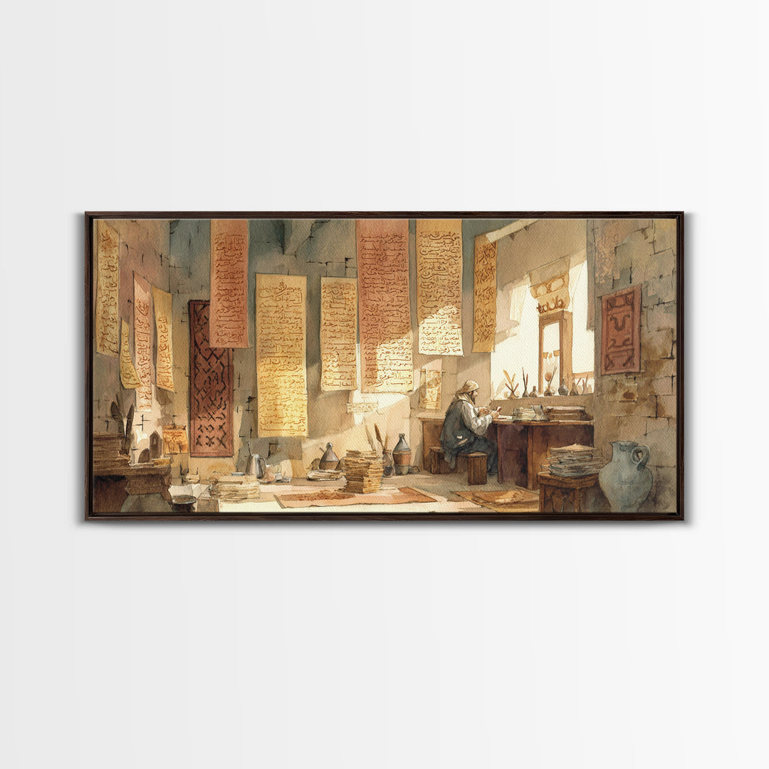 Sunlit Scribe Study Wall Art, Ancient Manuscripts Canvas, Scholarly Library Decor, Historical Calligraphy Art Print Gift