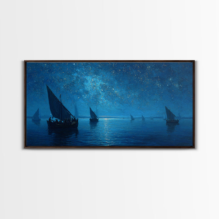 Starry Blue Night Sailboats Canvas Print, Nautical Seascape Wall Art, Coastal Bedroom Decor, Ocean Housewarming Gift For Her