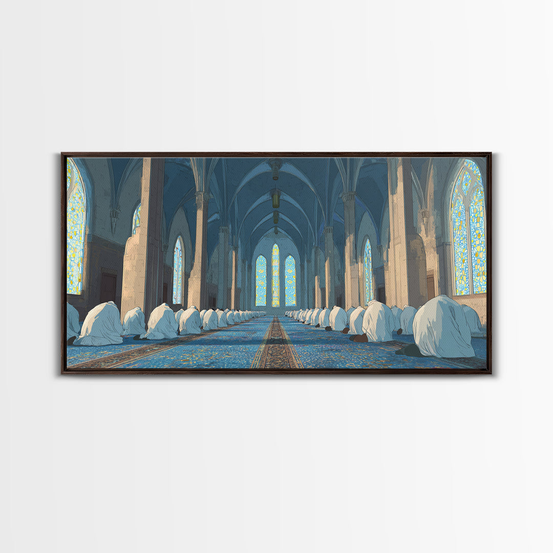 Praying Worshippers In Blue Mosque Framed Canvas Print, Islamic Wall Art, Spiritual Home Decor, Ramadan Housewarming Gift