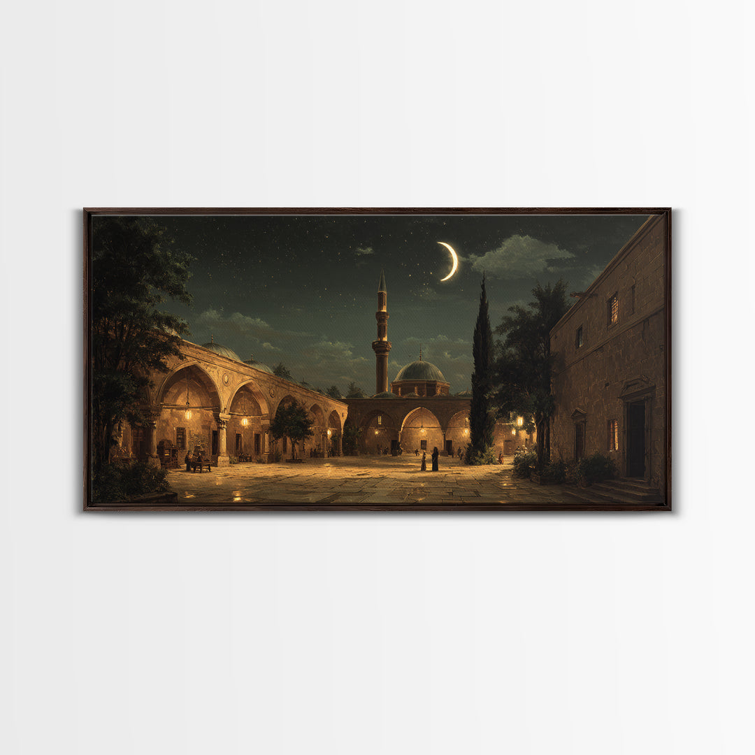 Crescent Moon Mosque Courtyard Wall Art, Islamic Framed Canvas Print, Celestial Night Decor For Prayer Room And Living Room