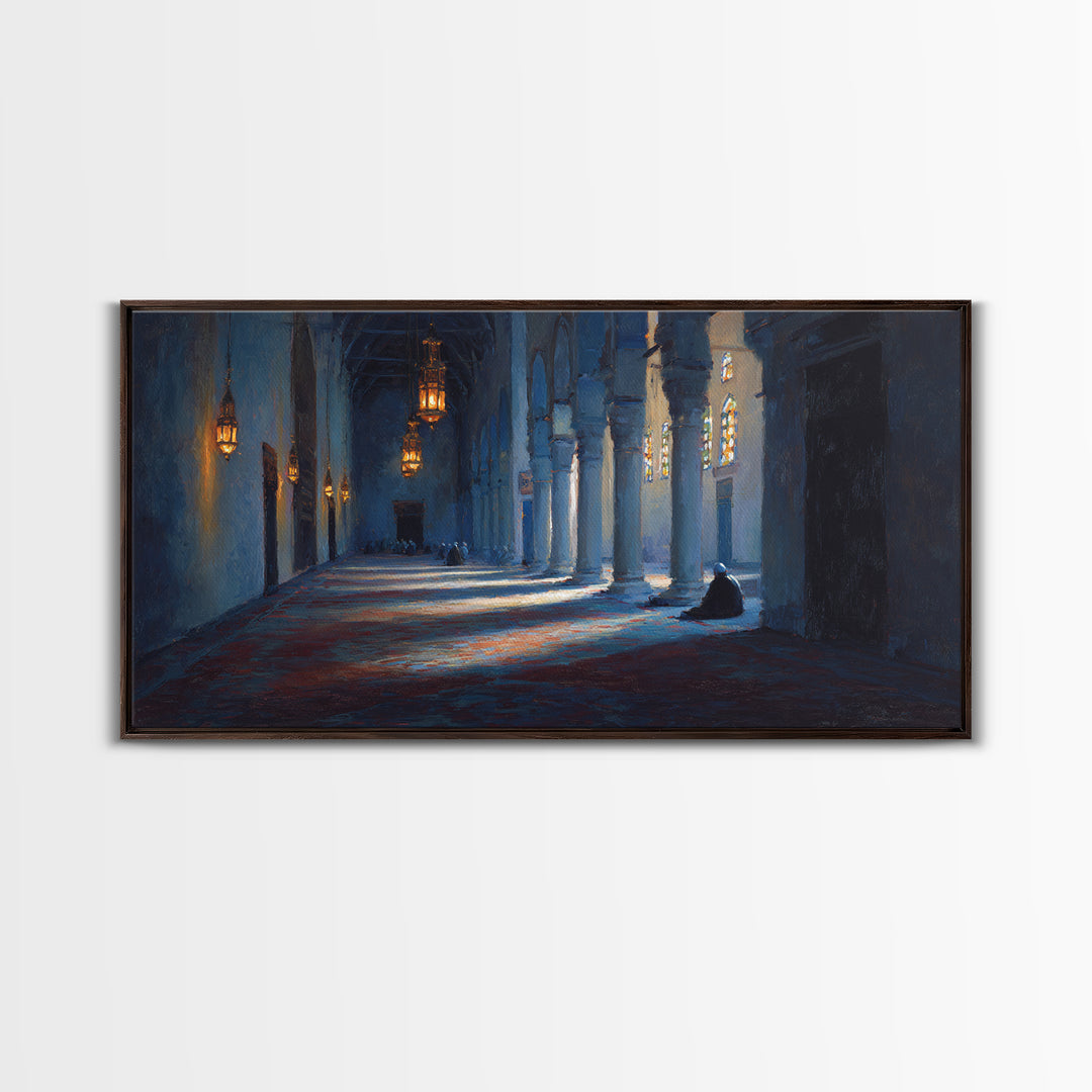Blue Mosque Prayer Hall Wall Art, Moody Islamic Interior Canvas Print, Lantern Light, Spiritual Home Decor For Meditation
