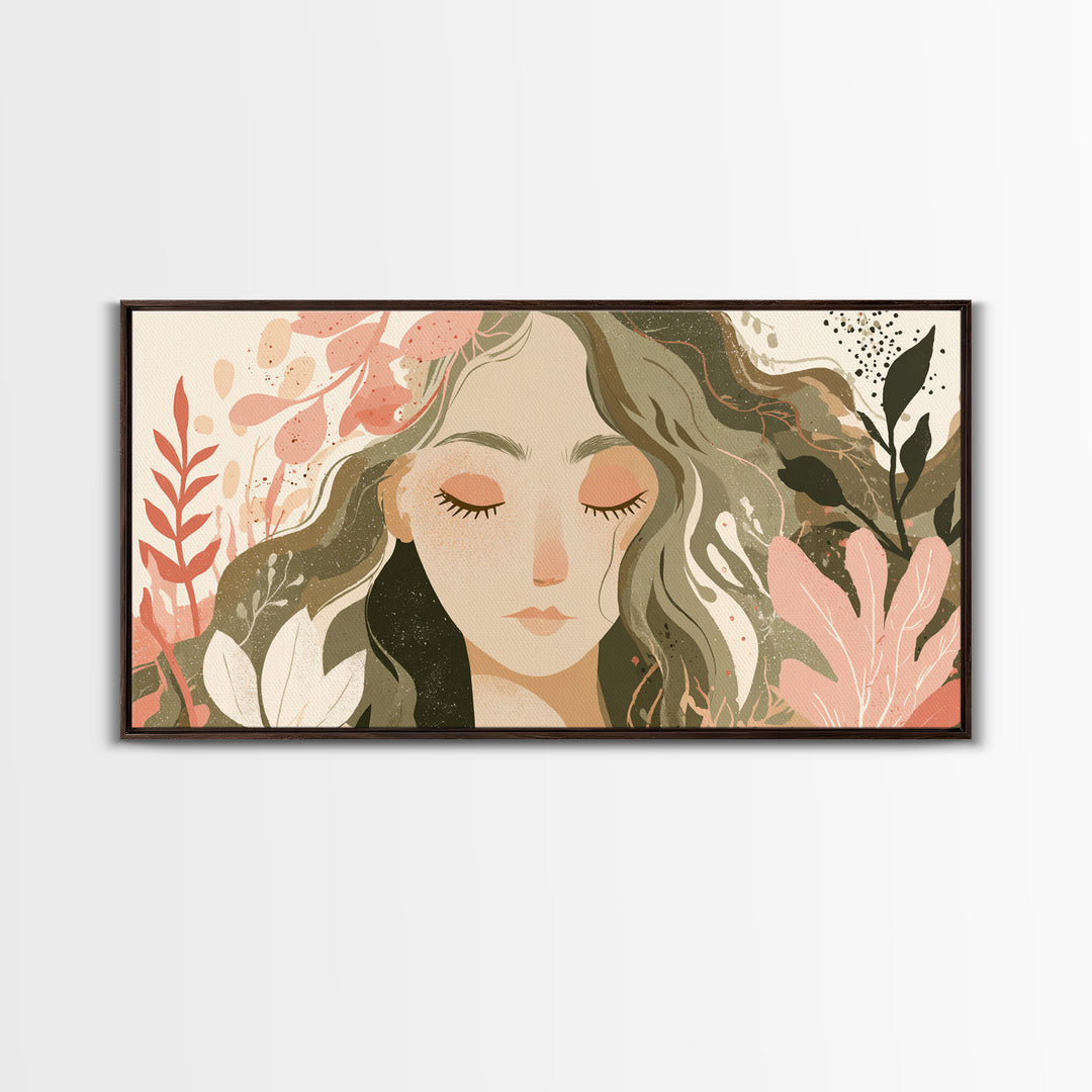Serene Floral Woman Portrait Wall Art, Boho Botanical Canvas Wall Decor, Feminine Neutral Living Room Art Print, Gift For Her