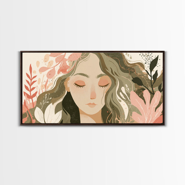 Serene Floral Woman Portrait Wall Art, Boho Botanical Canvas Wall Decor, Feminine Neutral Living Room Art Print, Gift For Her
