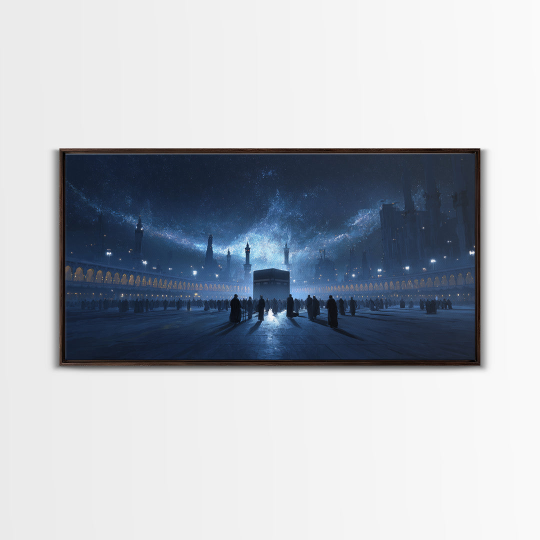 Kaaba Under Starry Blue Night Wall Art, Islamic Architecture Canvas Print, Ramadan Decor, Spiritual Travel Poster Gift Idea