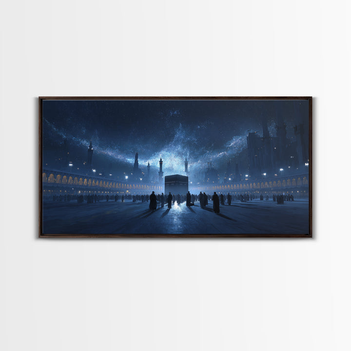 Kaaba Under Starry Blue Night Wall Art, Islamic Architecture Canvas Print, Ramadan Decor, Spiritual Travel Poster Gift Idea