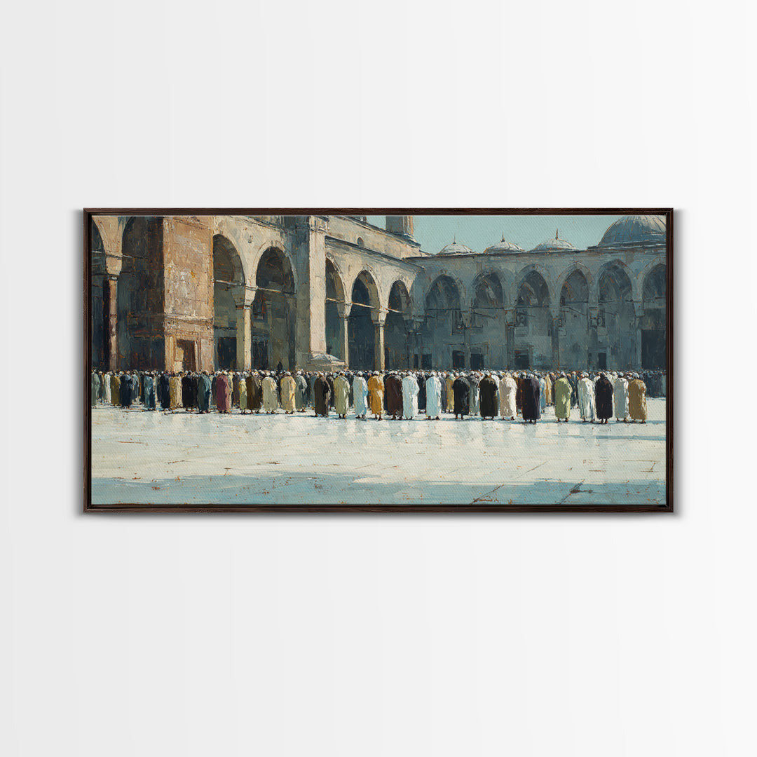 Islamic Courtyard Prayer Gathering Wall Art, Mosque Architecture Canvas Print, Muslim Home Decor, Ramadan Eid Spiritual Gift