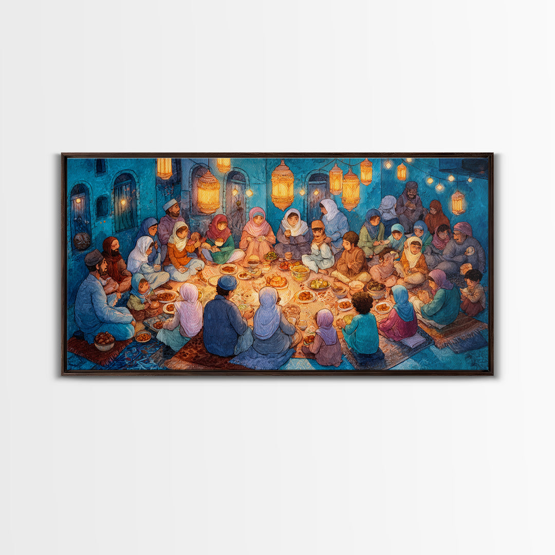Ramadan Iftar Family Feast Under Lanterns Canvas Print, Islamic Wall Art, Eid Decor, Muslim Home Decor, Housewarming Gift