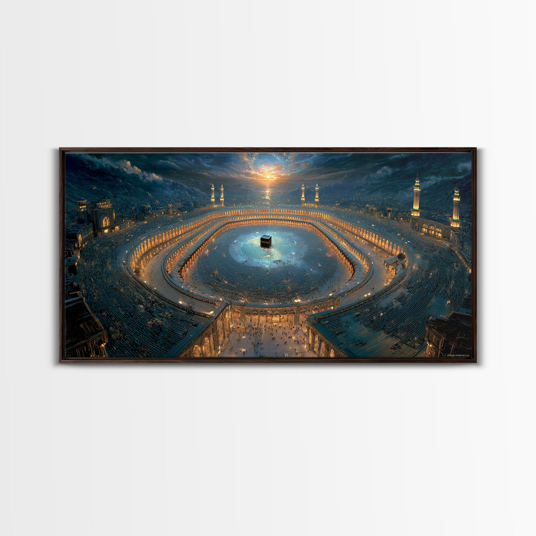 Aerial Kaaba Pilgrimage Wall Art, Islamic Framed Canvas Print, Mecca Mosque Spiritual Decor, Eid Muslim Housewarming Gift