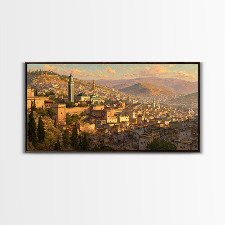 Golden Moroccan Medina Cityscape Canvas Print, Travel Poster Wall Art For Living Room Decor And Elegant Morocco Wall Decor