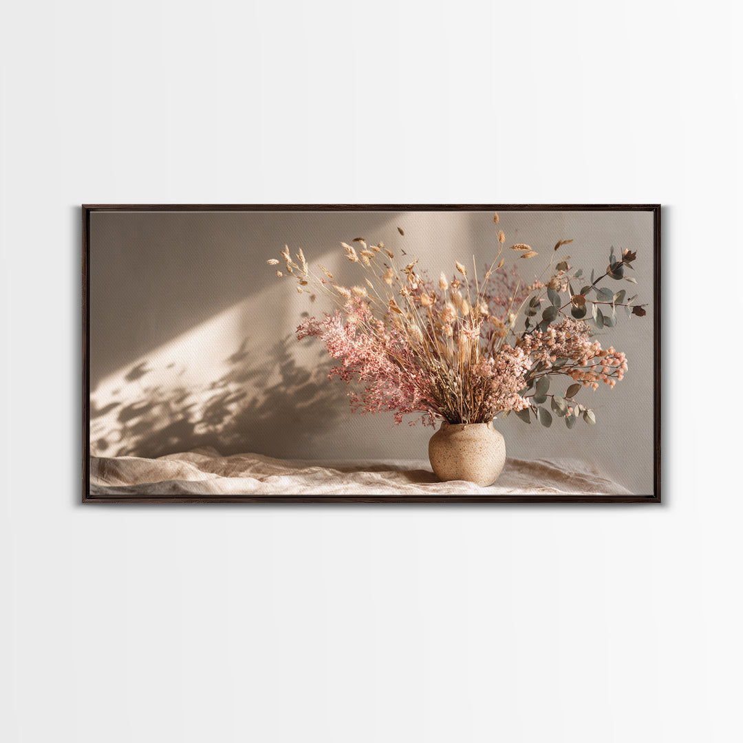 Blush Dried Floral Bouquet In Ceramic Vase Framed Canvas Print, Neutral Boho Wall Art, Earth Tone Living Room Decor Gift
