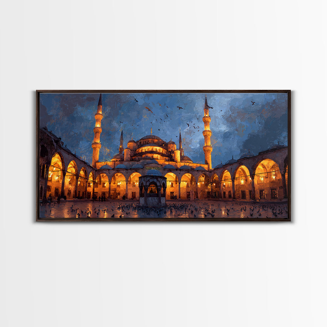 Illuminated Mosque Courtyard Wall Art, Islamic Architecture Canvas Print, Blue Evening Decor, Prayer Room Decor, Eid Gift