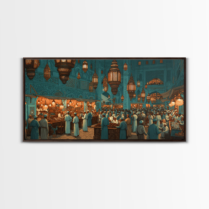 Moroccan Lantern Market Wall Art, Teal Souk Scene, Islamic Architecture Print, Middle Eastern Home Decor, Ramadan Gift For Living Room