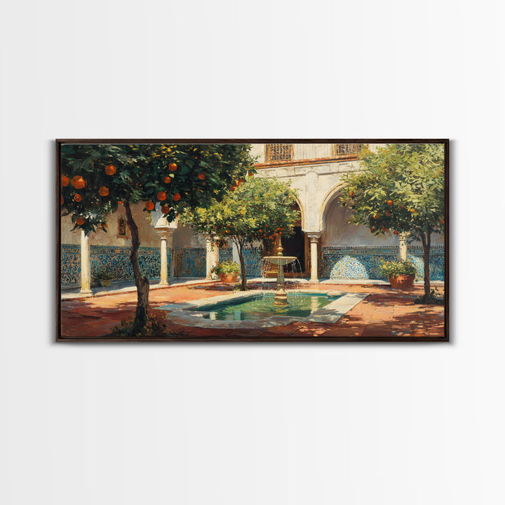 Moroccan Courtyard With Orange Trees Framed Canvas Print, Mediterranean Wall Art, Islamic Architecture Home Decor Gift Idea