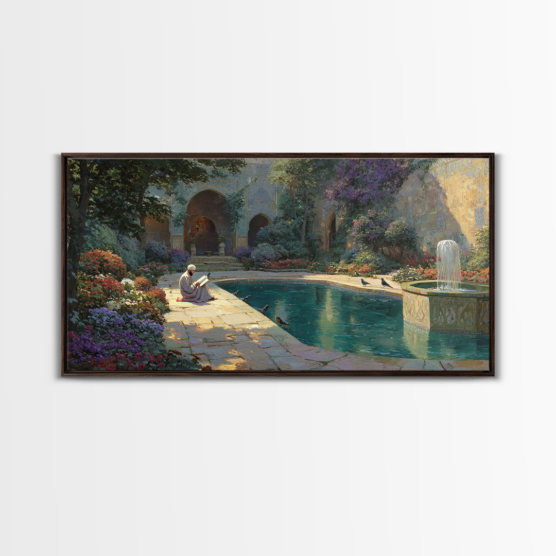 Serene Courtyard Garden With Fountain Wall Art, Mediterranean Canvas Print, Islamic Architecture, Peaceful Reading Nook Decor
