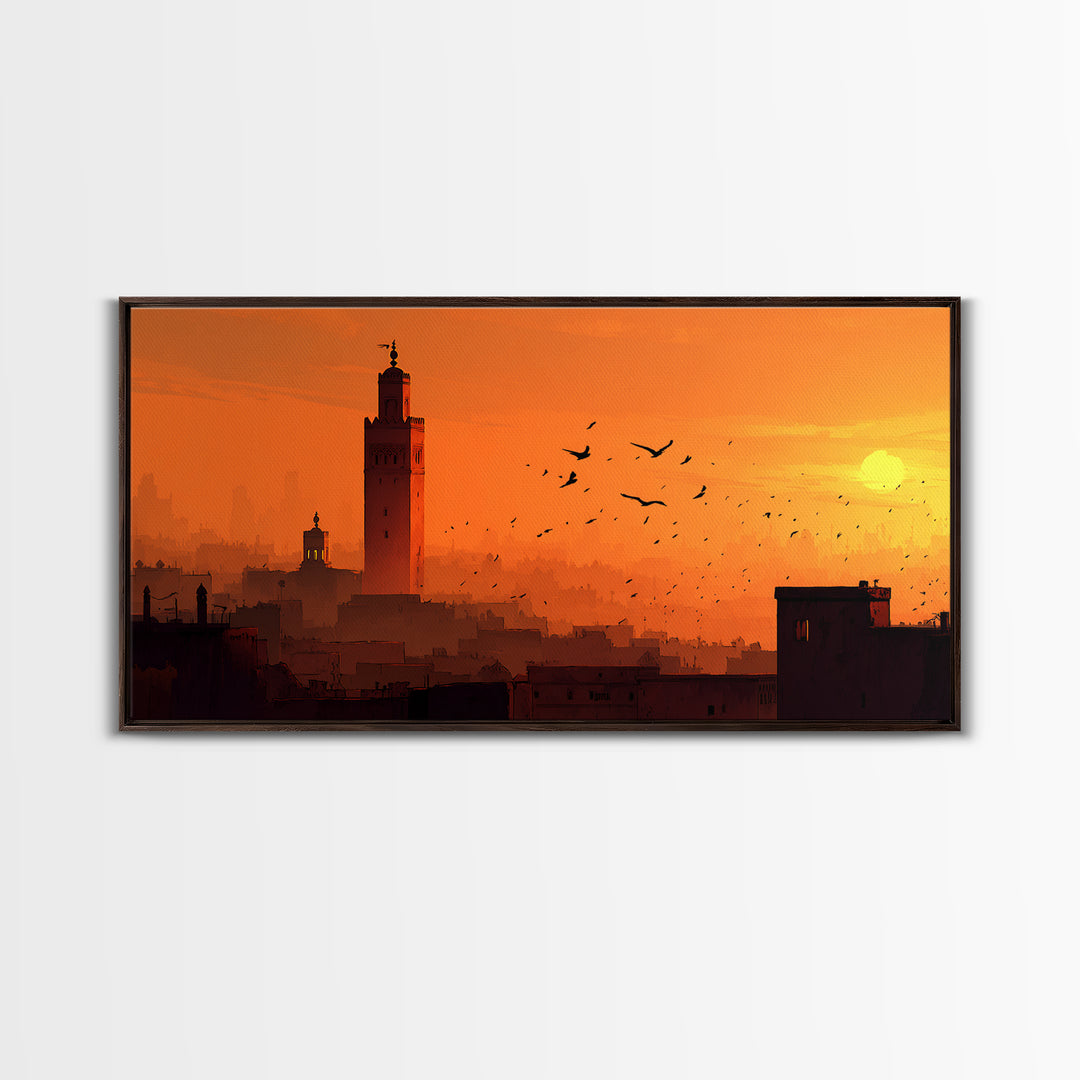 Orange Marrakech Skyline Wall Art, Moroccan Tower Sunset Canvas Print, Travel Poster, Islamic Architecture, Warm Home Decor