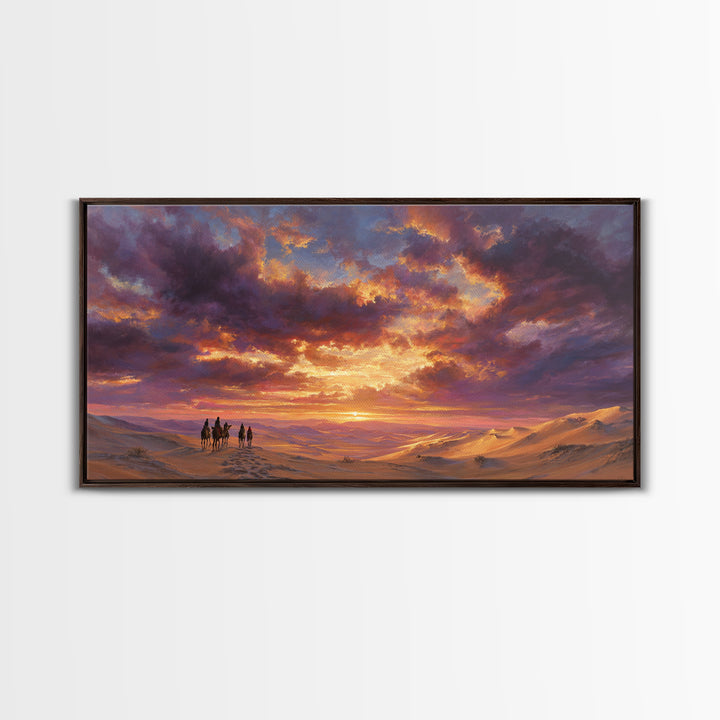 Desert Caravan At Purple Sunset Wall Art, Arabian Landscape Canvas Print, Dunes Travel Poster, Warm Boho Home Decor Gift