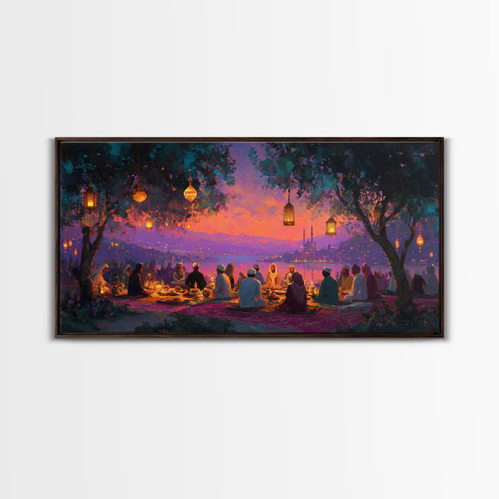 Lantern Lit Sunset Iftar Gathering Canvas Print, Islamic Wall Art, Ramadan Decor, Middle Eastern Home Decor Gift For Family
