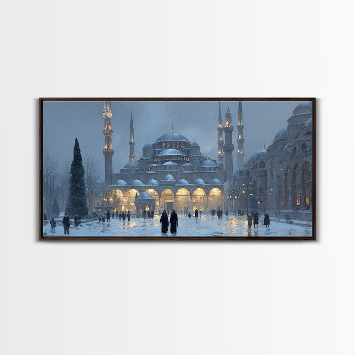 Snowy Istanbul Mosque Framed Canvas Print, Islamic Architecture Wall Art, Blue Winter Cityscape, Elegant Home Decor Gift