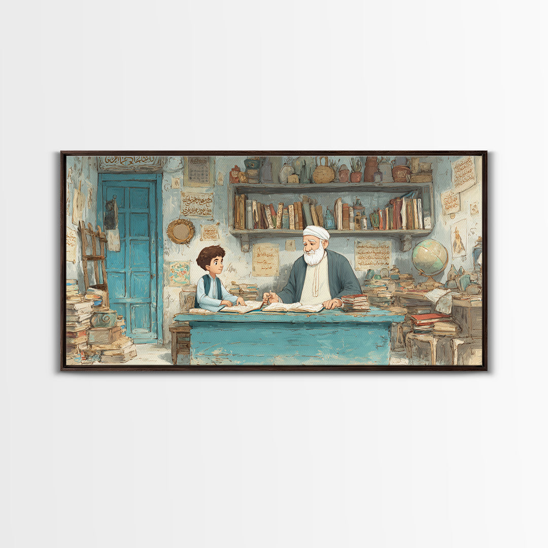 Wise Teacher And Child In Arabic Library Wall Art, Islamic Calligraphy Canvas Print, Scholarly Office Decor Gift For Teacher