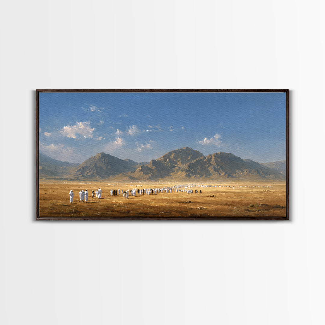 Desert Pilgrimage Beneath Rugged Mountains Framed Canvas Print, Islamic Wall Art, Panoramic Landscape Home Decor Gift Idea