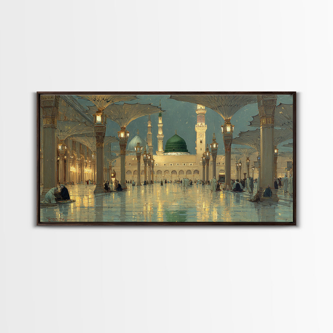 Golden Mosque Courtyard At Night Wall Art, Islamic Architecture Art Print, Serene Ramadan Decor And Muslim Gift For Prayer Room