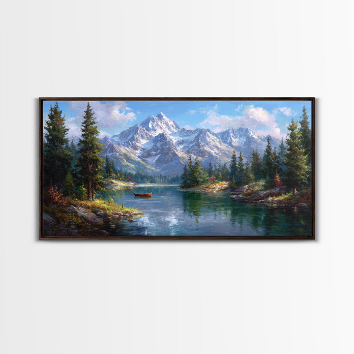 Snowy Mountain Lake With Canoe Framed Canvas Print, Alpine Landscape Wall Art, Rustic Cabin Decor, Nature Gift For Living Room