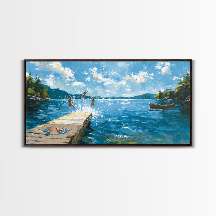 Summer Lake Dock Wall Art, Kids Swimming And Canoe Canvas, Bright Coastal Cabin Decor, Lake House Living Room Print Gift