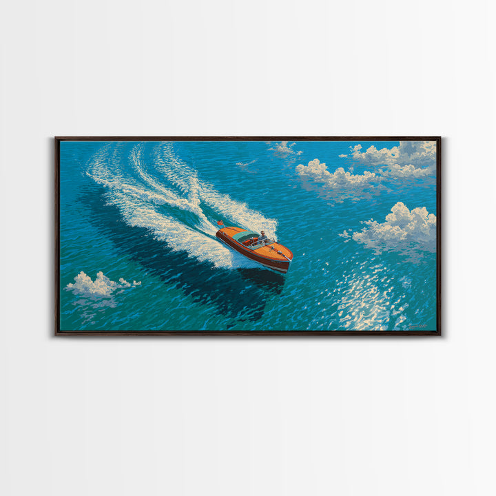 Orange Speedboat On Blue Ocean Canvas Print, Coastal Wall Art, Nautical Beach House Decor, Summer Travel Gift For Him, Art Print